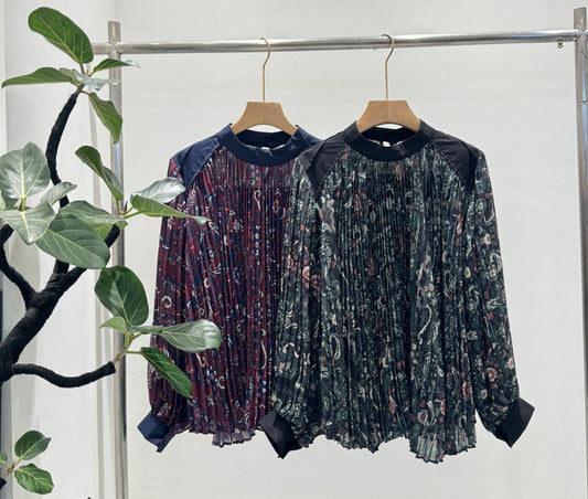 【キャミソールセット】ヴィンテージ柄プリーツ 異素材切替ブラウス