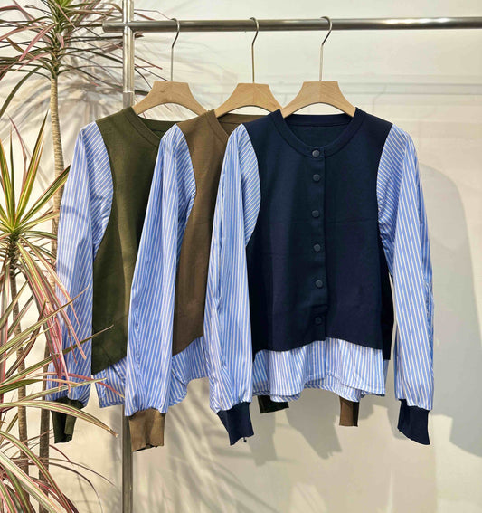 【1枚で完結】ストライプシャツ切替 レイヤード風ニットプルオーバー