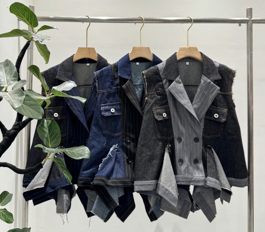 ピンストライプ切り替え 再構築 デニムベスト(アシンメトリーヘム)