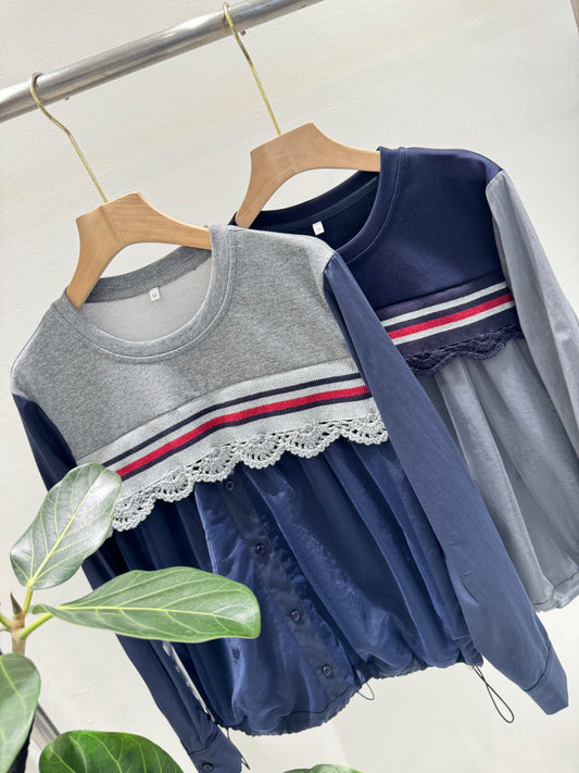 レース切替デザイン 異素材ドッキングトップス(ユニセックス)