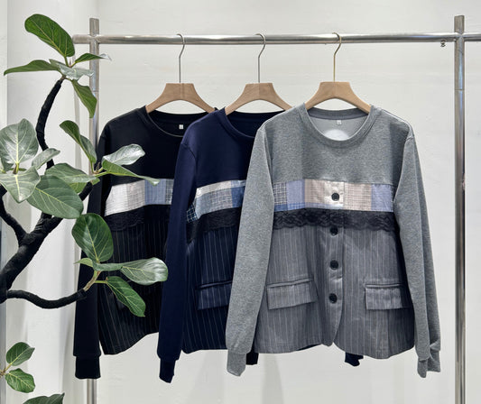 レース×ストライプ 異素材パッチワーク デザイントップス(全3色)