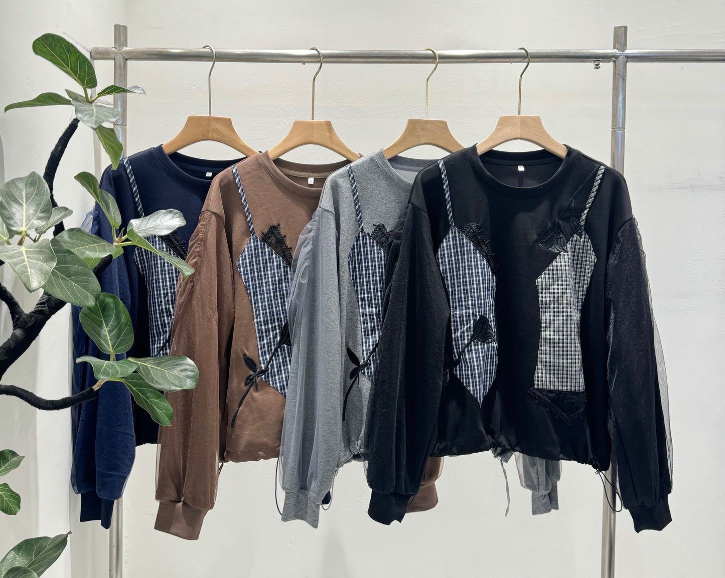 ビスチェ風ドッキング レース×チェック柄 シアースリーブトップス(全4色)