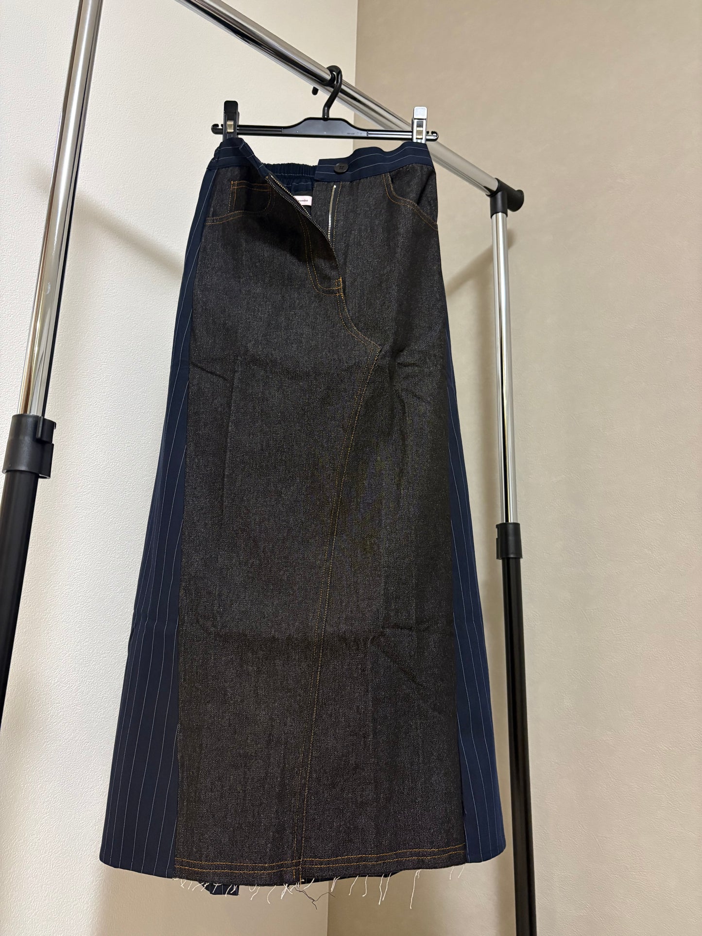 ピンストライプ切り替え 再構築デザイン デニムロングスカート