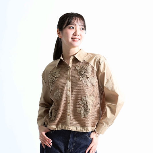 大人のシアー。フラワーモチーフ メッシュコンビ ブラウスジャケットット