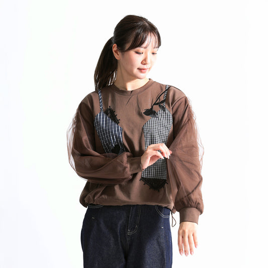 ビスチェ風ドッキング レース×チェック柄 シアースリーブトップス(全4色)