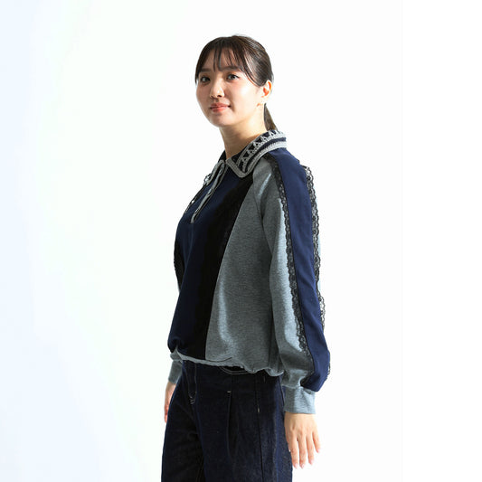 ヴィンテージ風クロシェ襟 繊細サイドレース 裾ドロスト ポロトップス