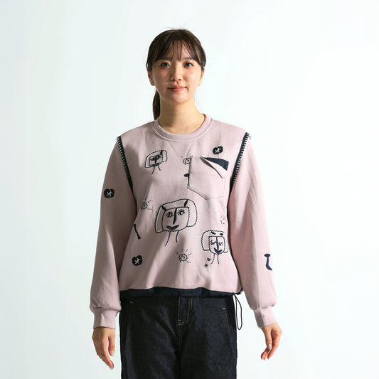 【大人遊び心】フェイスイラスト刺繍 ブランケットステッチ 裾ドロストトップス(全3色)