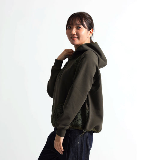 【洗練パーカー】カットワークレース切替 ハーフボタン 裾ドロスト スウェットパーカー(全4色)