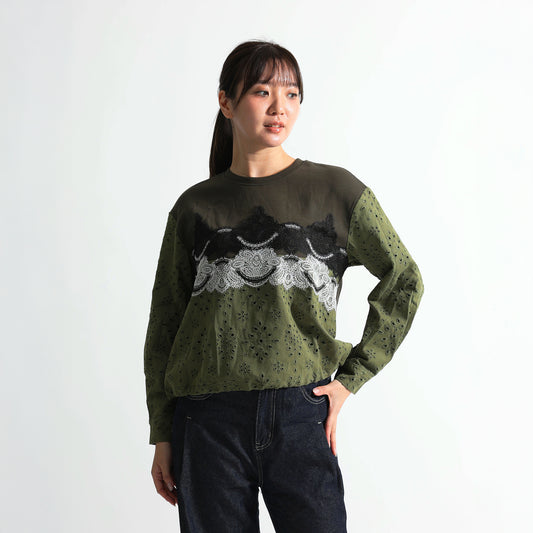 アイレット刺繍切替 波型配色レース 裾ドロストトップス(全3色)
