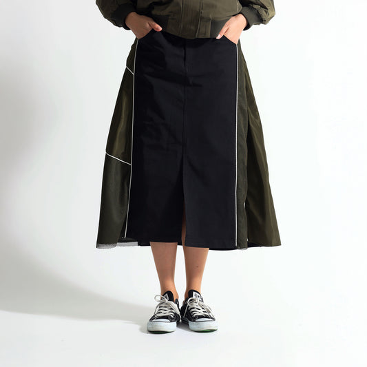 サイドメッシュ切替 パイピングライン 異素材ロングスカート