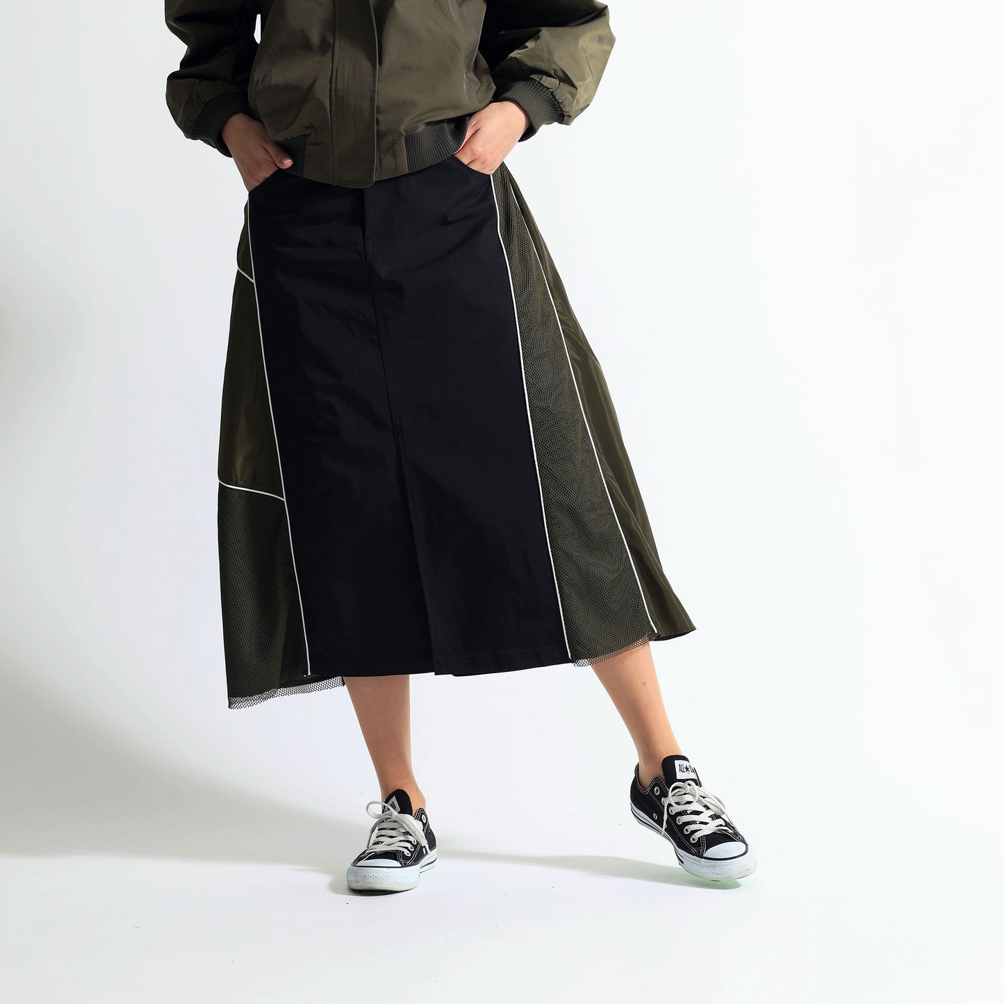 サイドメッシュ切替 パイピングライン 異素材ロングスカート