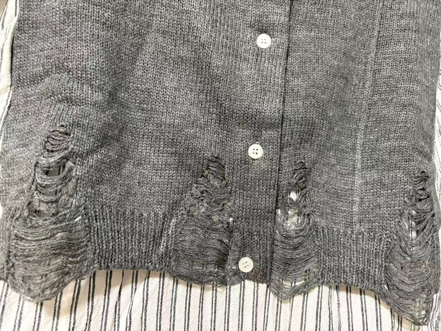 ダメージニット×ストライプシャツ 異素材ドッキング デザイントップス