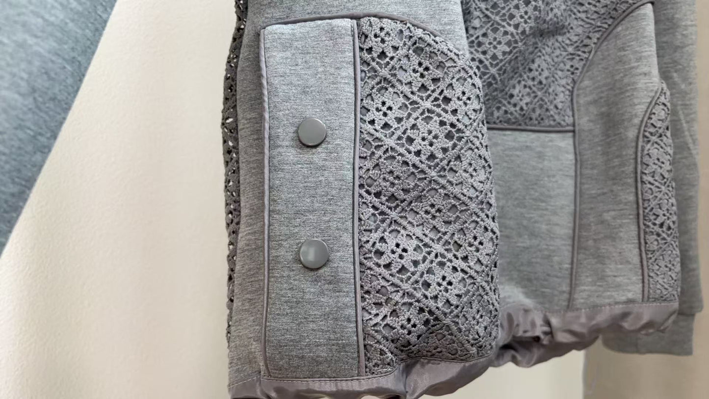 【モード×フェミニン】幾何学レースパネル切り替え 裾ドローストリング スウェット