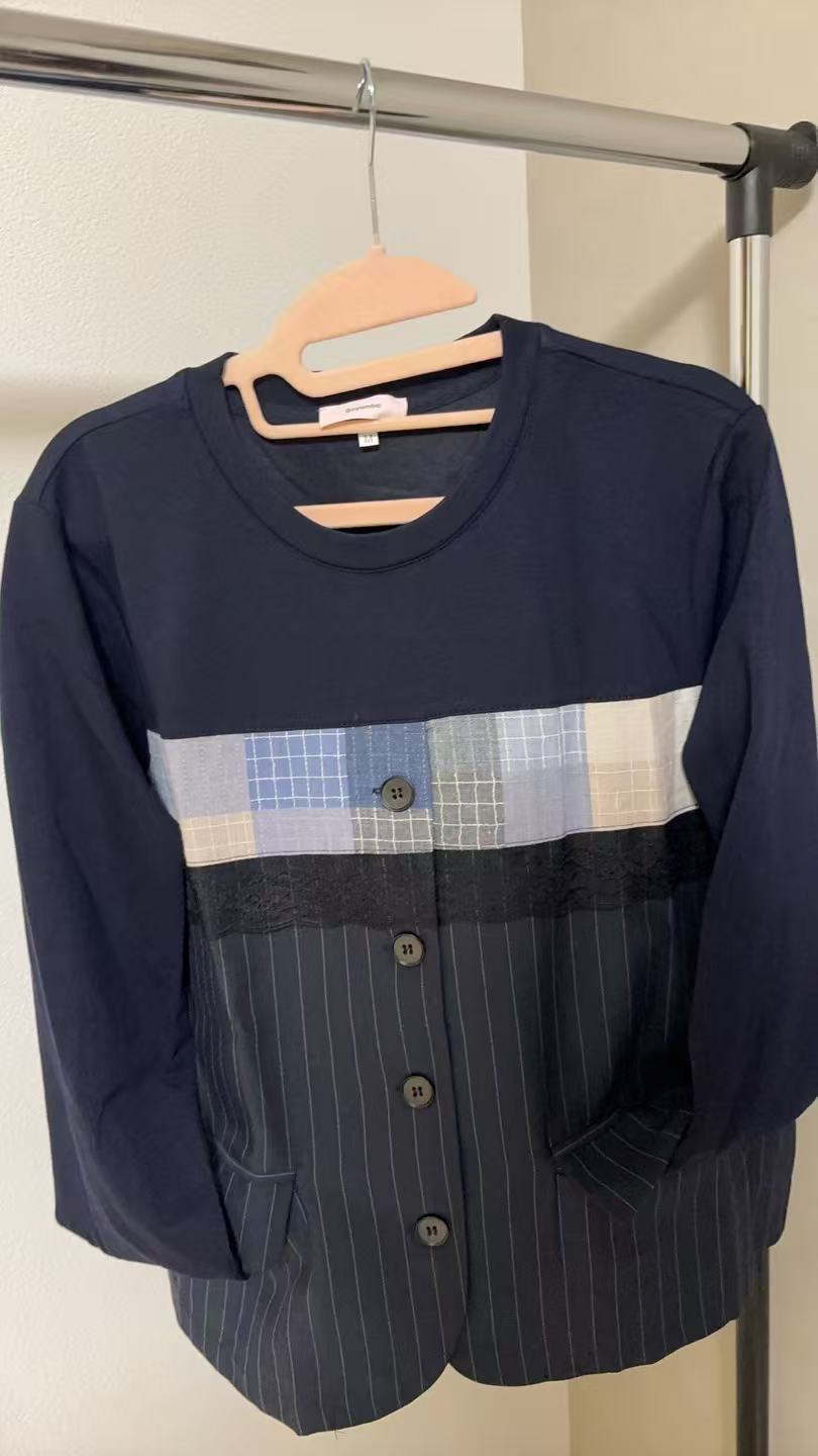 レース×ストライプ 異素材パッチワーク デザイントップス（全3色）