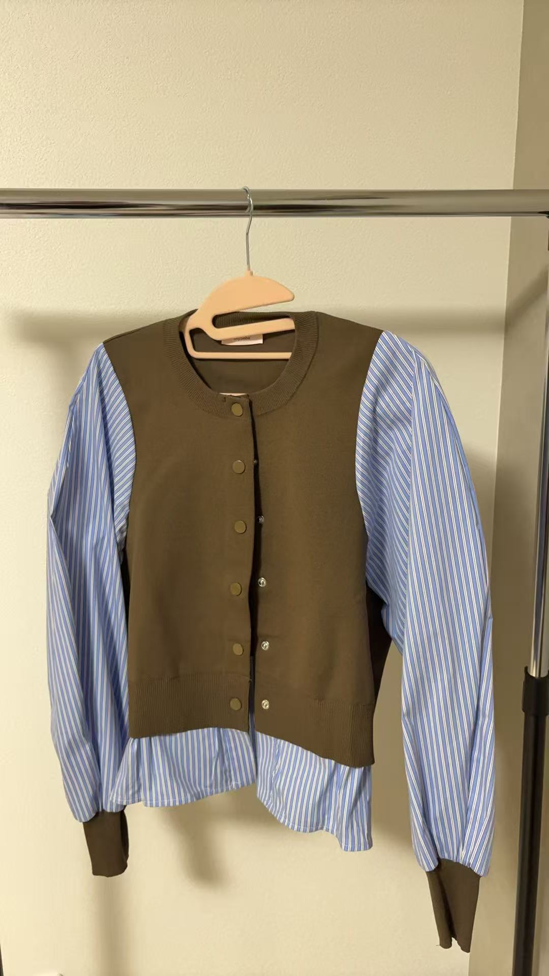 【1枚で完結】ストライプシャツ切替 レイヤード風ニットプルオーバー