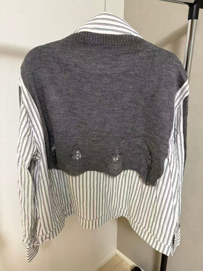 ダメージニット×ストライプシャツ 異素材ドッキング デザイントップス