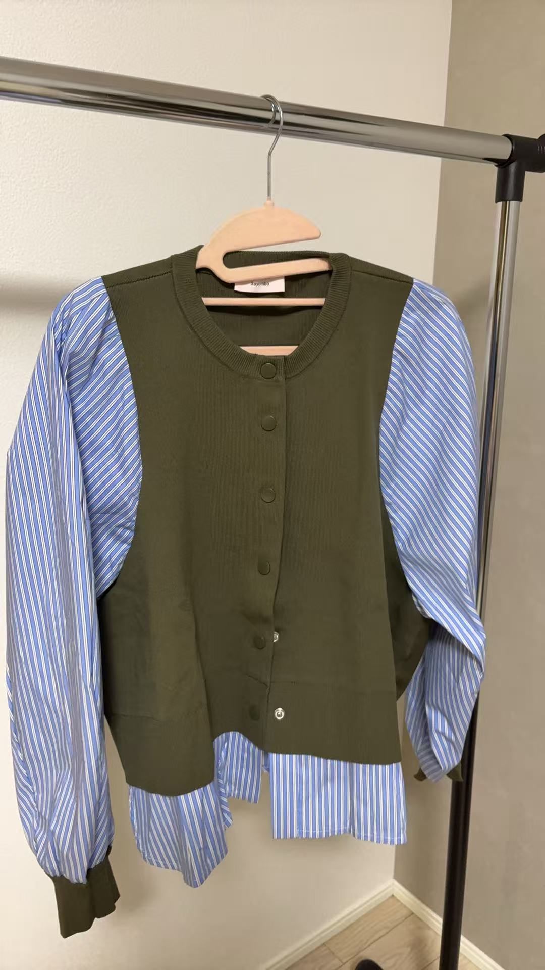 【1枚で完結】ストライプシャツ切替 レイヤード風ニットプルオーバー