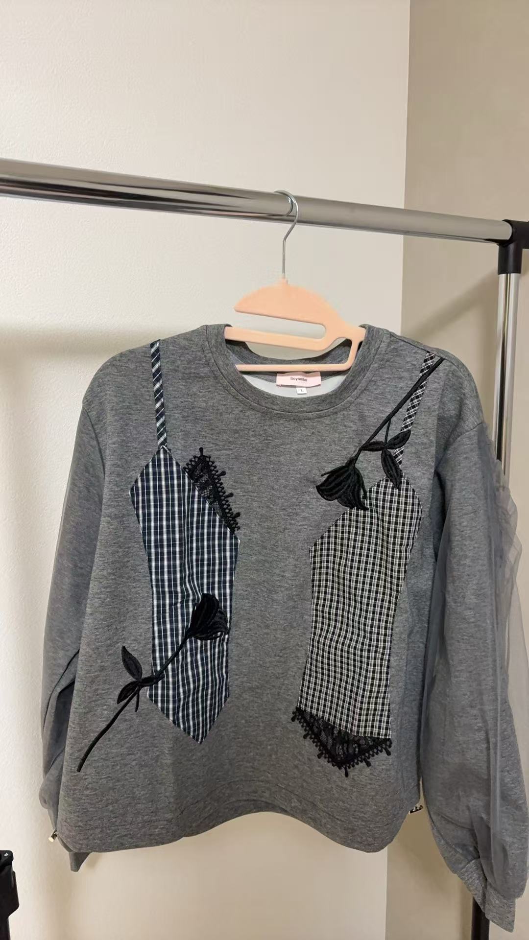 ビスチェ風ドッキング レース×チェック柄 シアースリーブトップス（全4色）