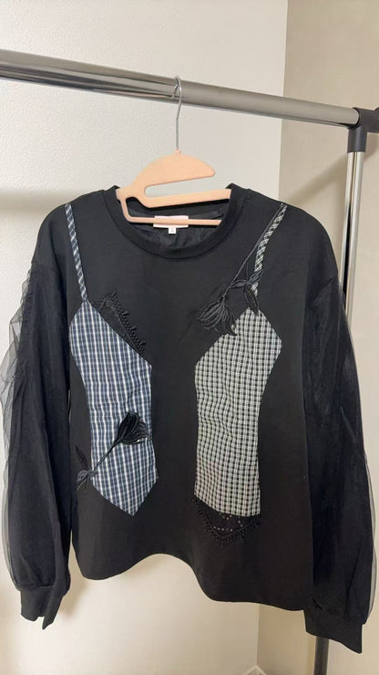 ビスチェ風ドッキング レース×チェック柄 シアースリーブトップス（全4色）