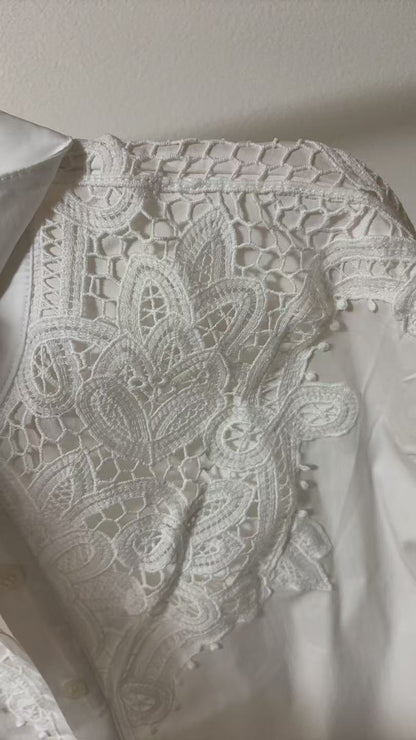 Lace-switched design shirt/striped 