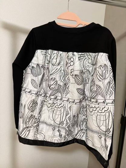 バックボタニカル柄 異素材ドッキング 裾ドロストトップス（全3色）