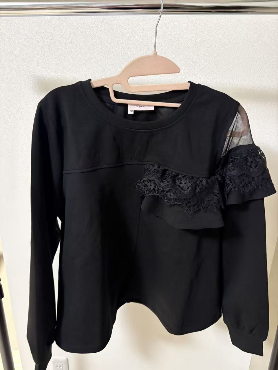 アシンメトリー シアー＆レースフリル 裾ドロストトップス（全3色）