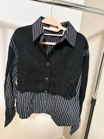 ダメージニット×ストライプシャツ 異素材ドッキング デザイントップス