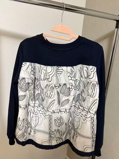 バックボタニカル柄 異素材ドッキング 裾ドロストトップス（全3色）