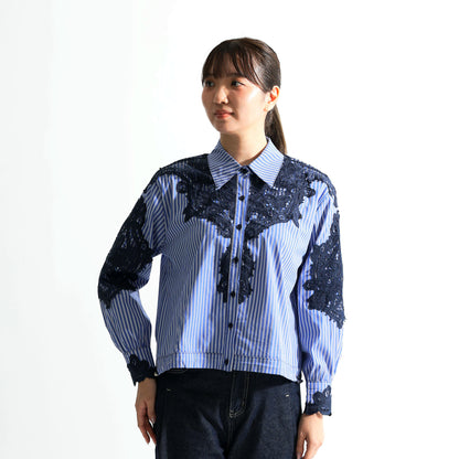 Lace-switched design shirt/striped 