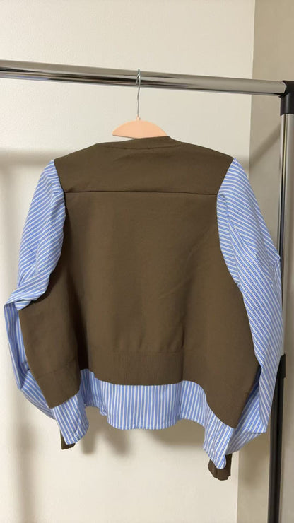 【1枚で完結】ストライプシャツ切替 レイヤード風ニットプルオーバー