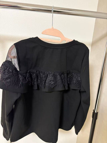 アシンメトリー シアー＆レースフリル 裾ドロストトップス（全3色）