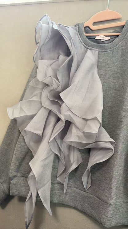[Adult Feminine] Asymmetrical Ruffled Frill Crew Neck Sweatshirt