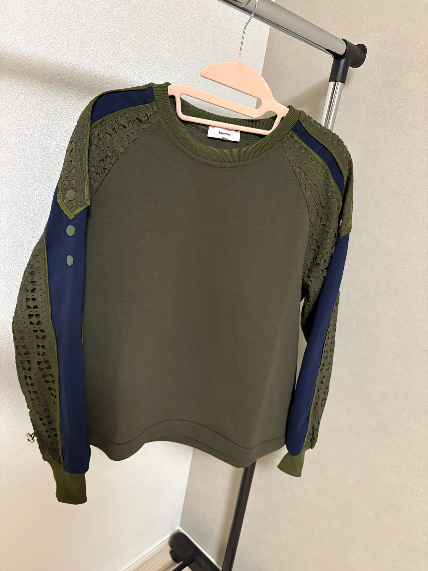 カットワークレース切替 飾りボタン付き ラグランスリーブトップス（全4色）