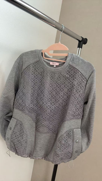 【モード×フェミニン】幾何学レースパネル切り替え 裾ドローストリング スウェット