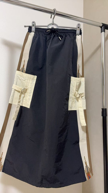 エスニック刺繍 レイヤード ラップデザイン ロングスカート / テック モード系 ワイドボトムス