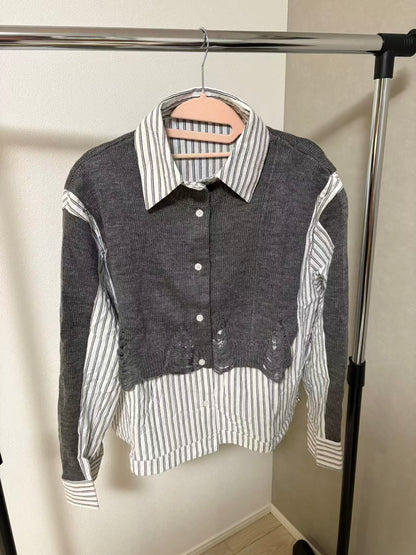ダメージニット×ストライプシャツ 異素材ドッキング デザイントップス