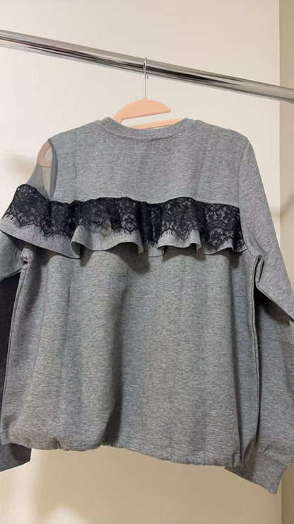 アシンメトリー シアー＆レースフリル 裾ドロストトップス（全3色）