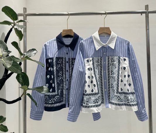 大人カジュアルを楽しむ。異素材切り替え バンダナパネル ストライプシャツ