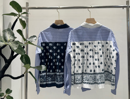 大人カジュアルを楽しむ。異素材切り替え バンダナパネル ストライプシャツ