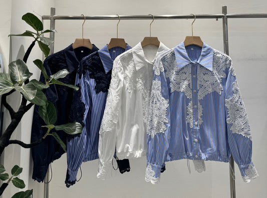 レース切替デザインシャツ／ストライプ