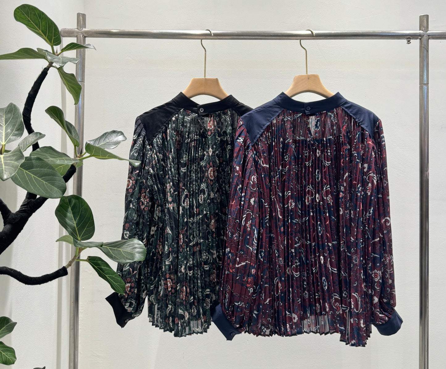 【キャミソールセット】ヴィンテージ柄プリーツ 異素材切替ブラウス