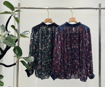 【キャミソールセット】ヴィンテージ柄プリーツ 異素材切替ブラウス