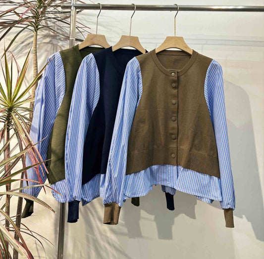 【1枚で完結】ストライプシャツ切替 レイヤード風ニットプルオーバー