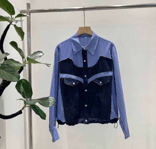 【感性を纏う】デニム×ストライプシャツ 異素材ドッキング リメイク風トップス