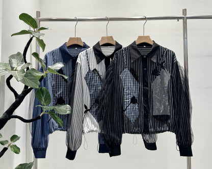 大人の遊び心を纏う。チェック切替×チュールスリーブ ストライプシャツ