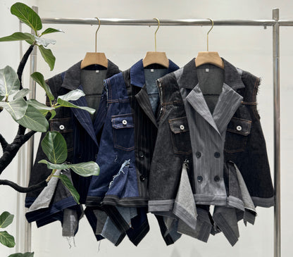 ピンストライプ切り替え 再構築 デニムベスト（アシンメトリーヘム）