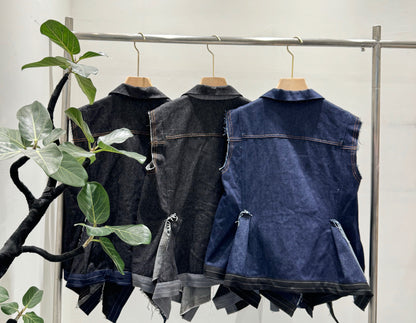 ピンストライプ切り替え 再構築 デニムベスト（アシンメトリーヘム）
