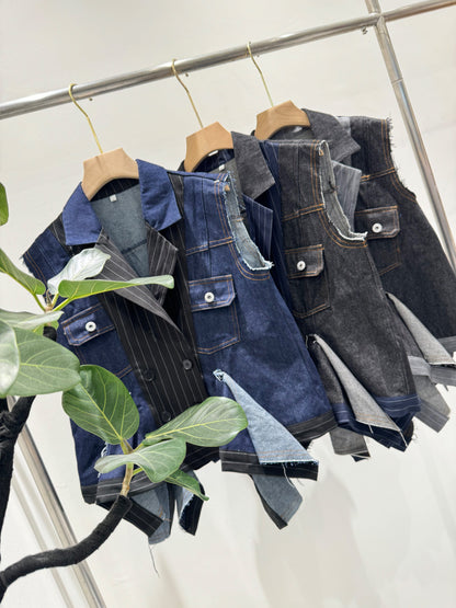 ピンストライプ切り替え 再構築 デニムベスト（アシンメトリーヘム）