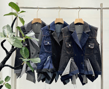 ピンストライプ切り替え 再構築 デニムベスト（アシンメトリーヘム）