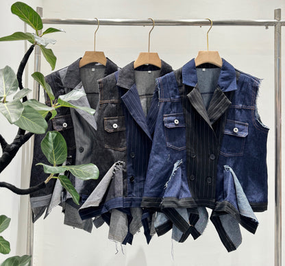 ピンストライプ切り替え 再構築 デニムベスト（アシンメトリーヘム）